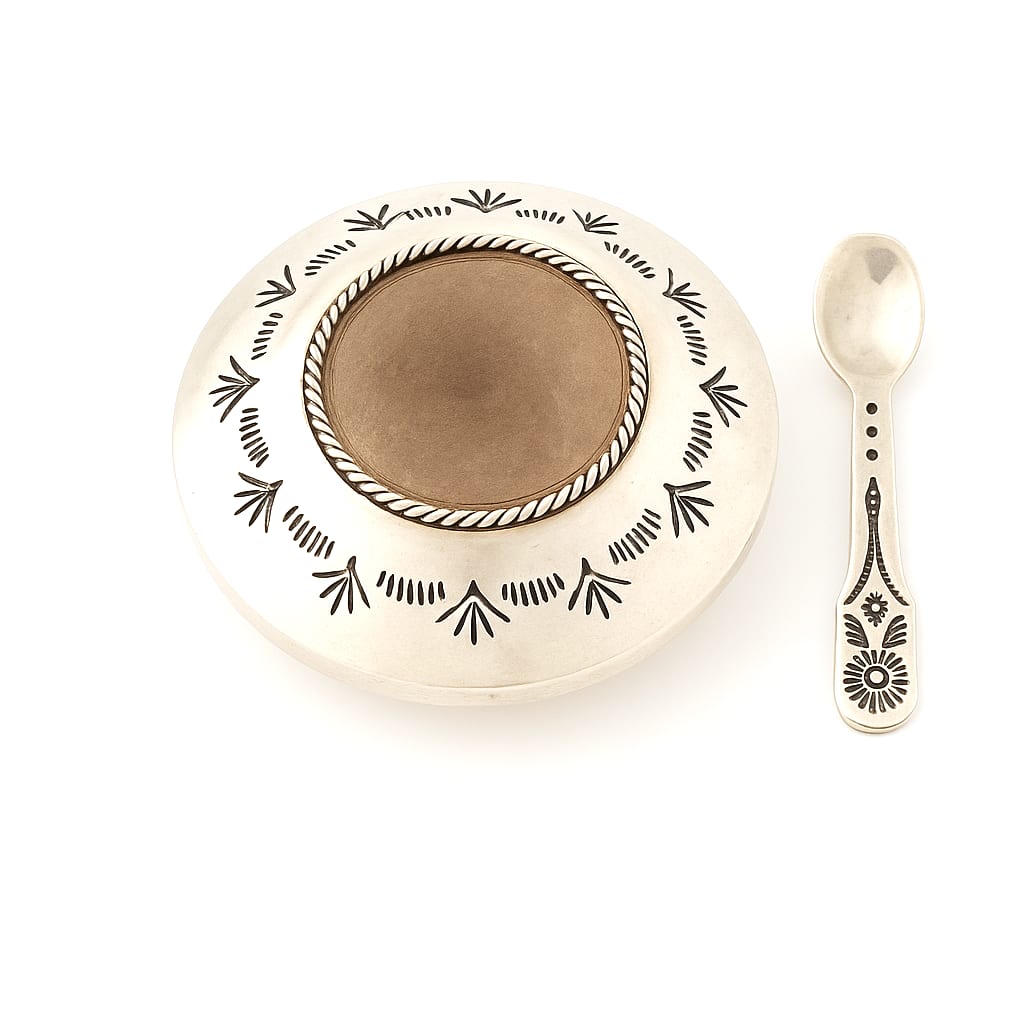 Diné Navajo Sterling Silver Salt Cellar & Spoon 1