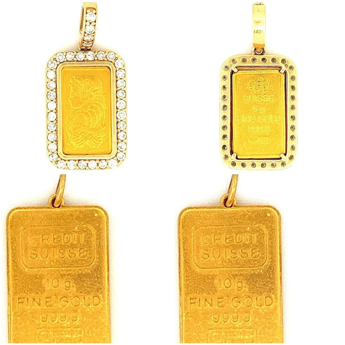 24K Yellow Gold 5g Pamp Suisse Lady Fortuna Bar set in 14K Yellow Gold 1.80ctw Diamond Bezel Pendant 8