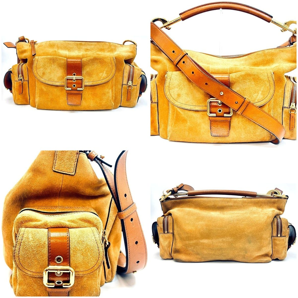 Chloé Medium Double Carry Suede Leather Shoulder Bag Brown Gold HW 9