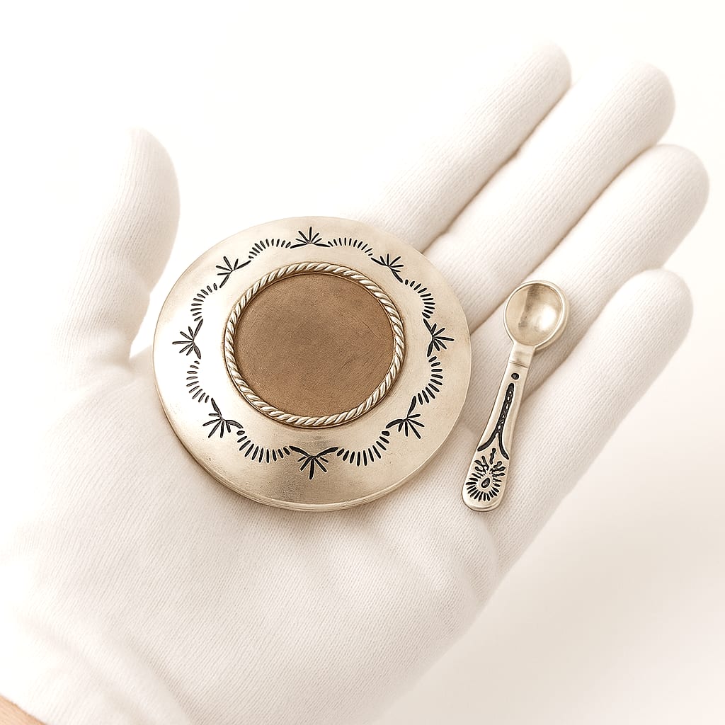 Diné Navajo Sterling Silver Salt Cellar & Spoon 4