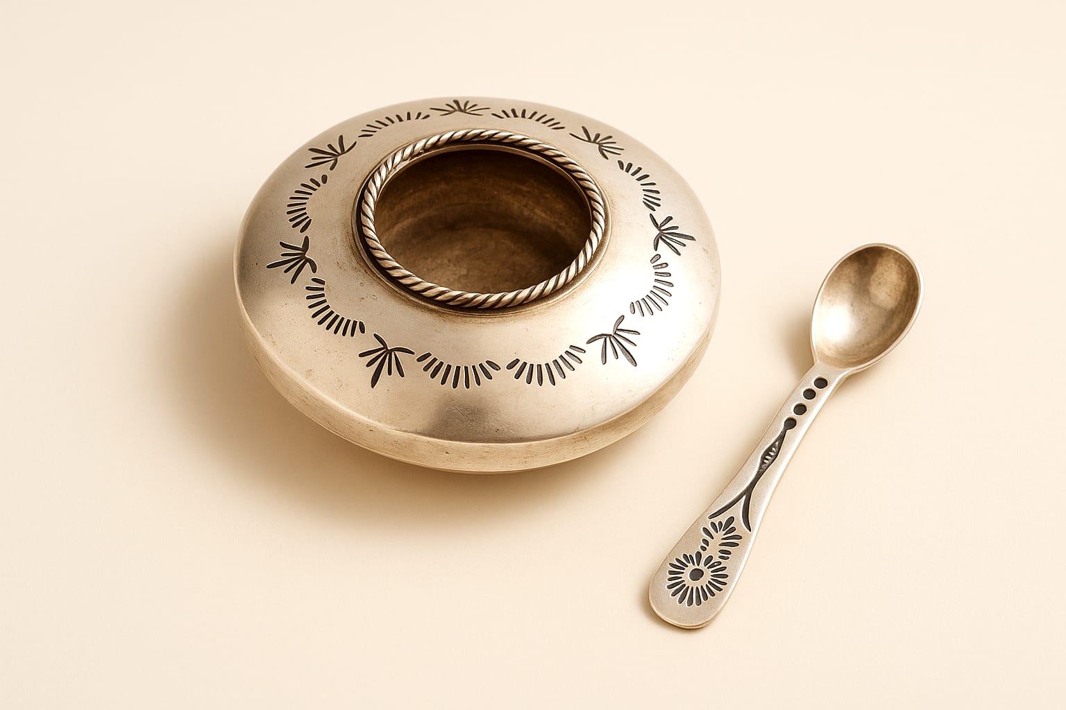 Diné Navajo Sterling Silver Salt Cellar & Spoon 5