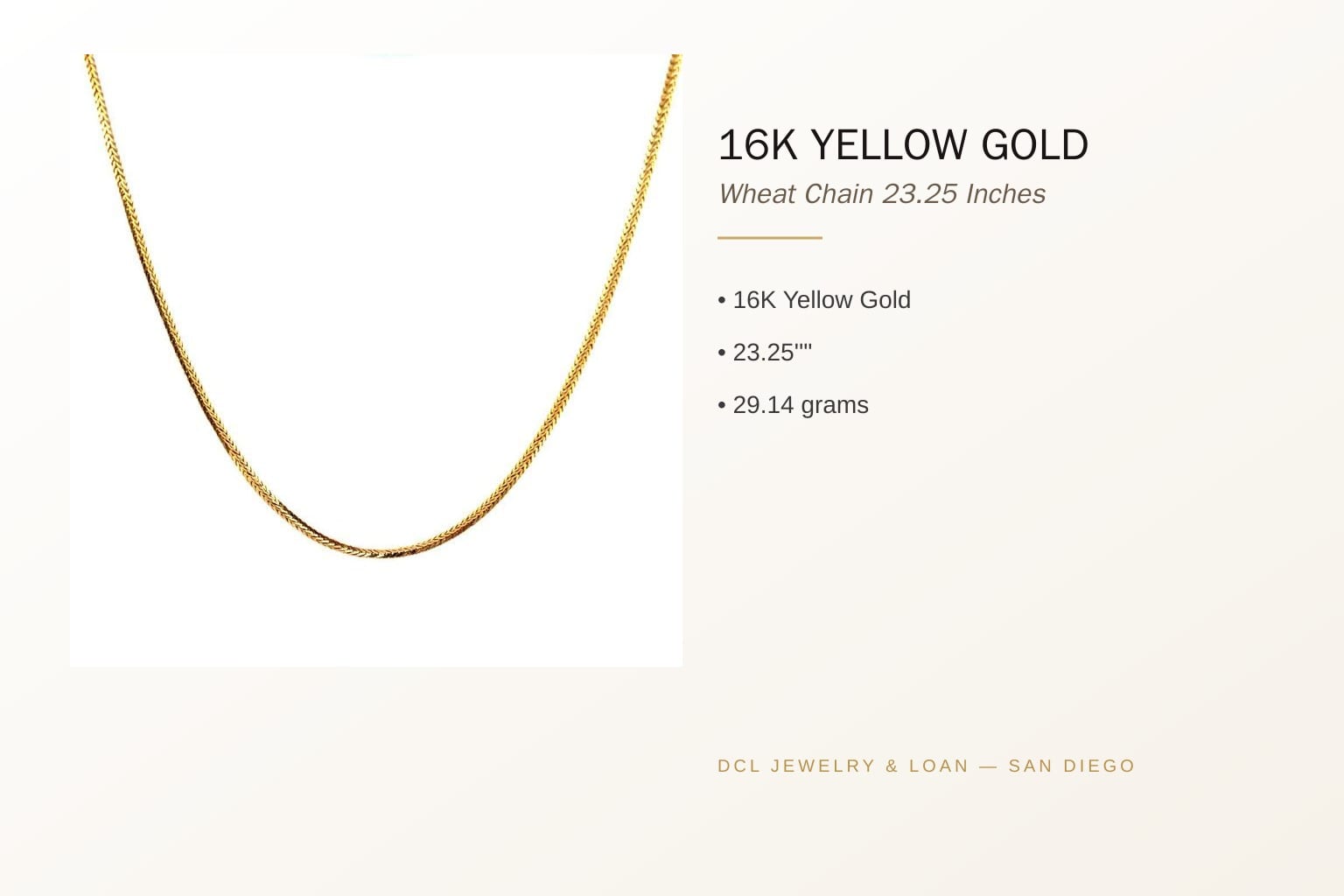 16K Yellow Gold Wheat Chain 23.25 Inches 5
