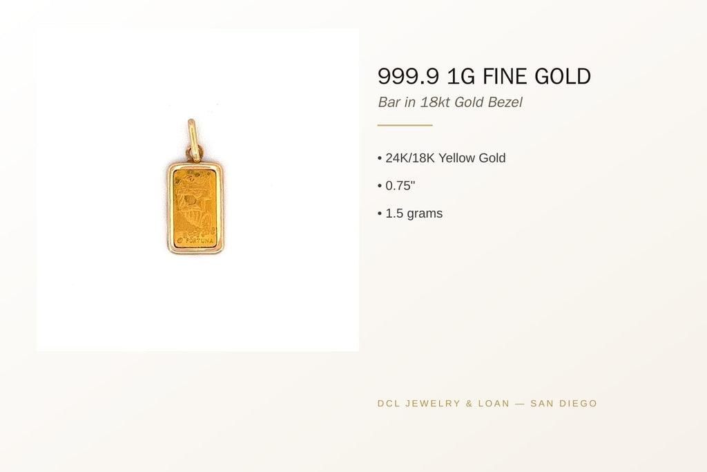 Fortuna 999.9 Fine Gold Bar Pendant in 18K Bezel 5
