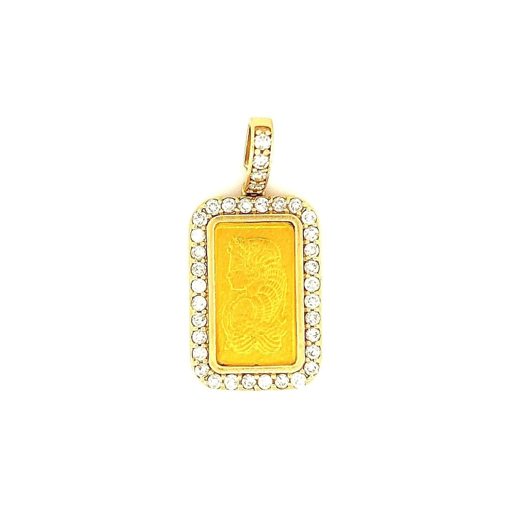 24K Yellow Gold 5g Pamp Suisse Lady Fortuna Bar set in 14K Yellow Gold 1.80ctw Diamond Bezel Pendant 1
