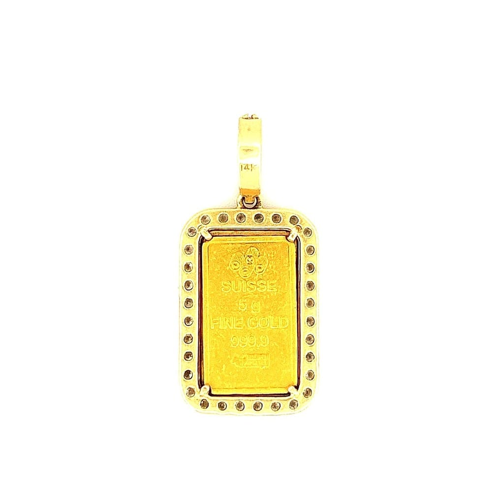 24K Yellow Gold 5g Pamp Suisse Lady Fortuna Bar set in 14K Yellow Gold 1.80ctw Diamond Bezel Pendant 2