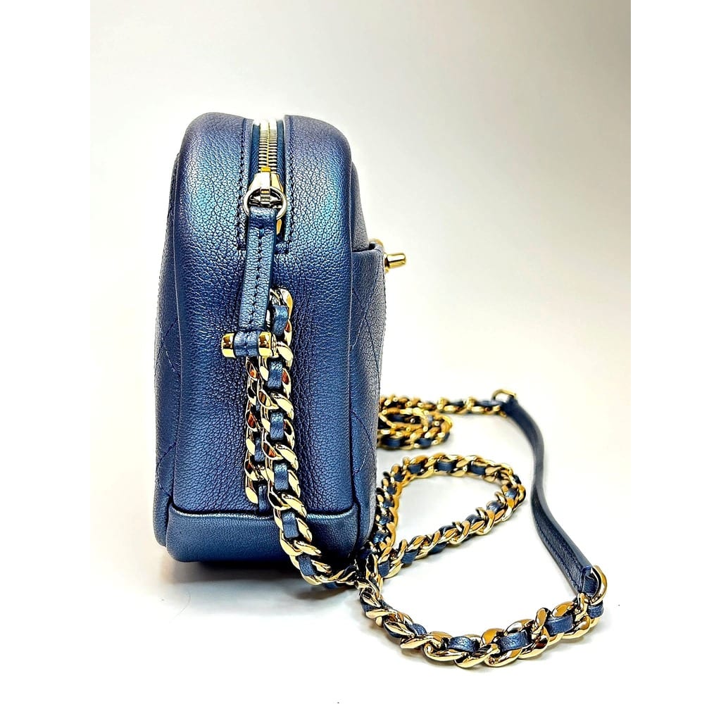 Chanel Metallic Blue Quilted Camera Bag 4